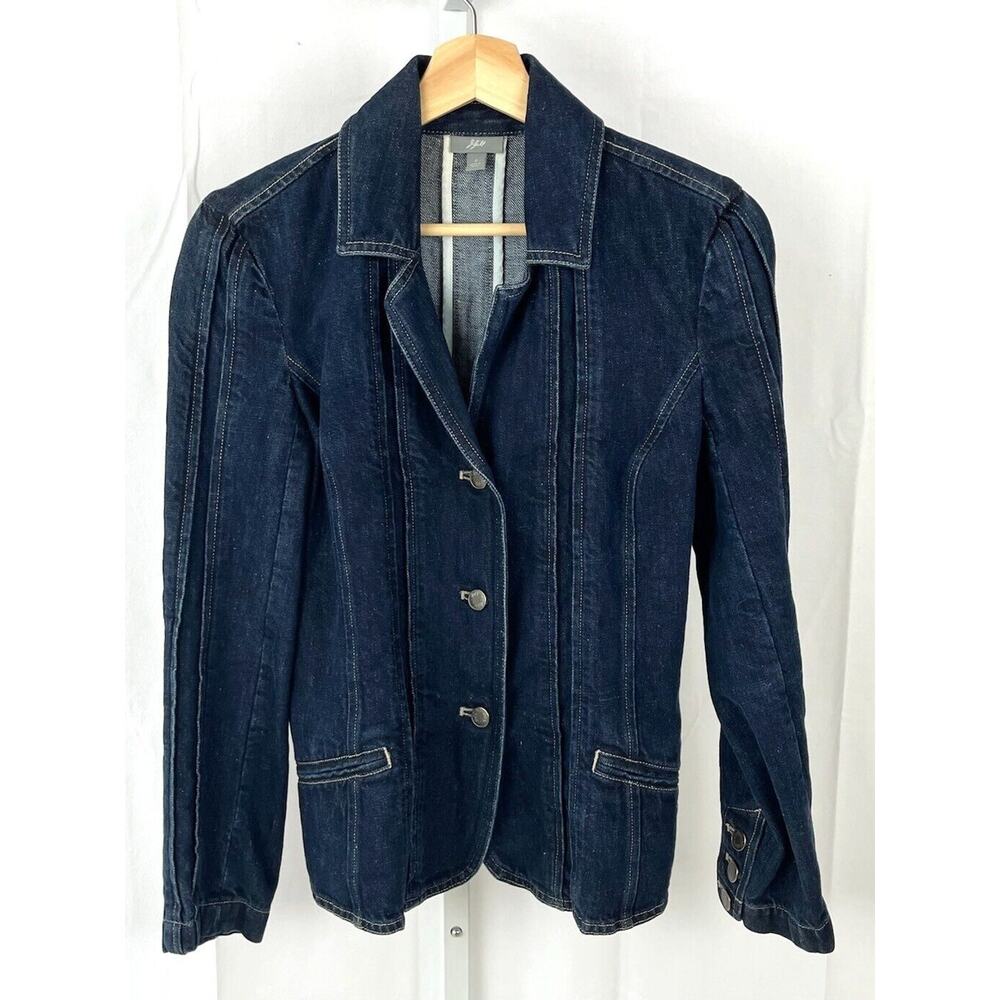J. JILL Denim Sz 2 Blazer Jean Jacket Prairie Style Cotton Linen Dark Wash Blue - Picture 6 of 12